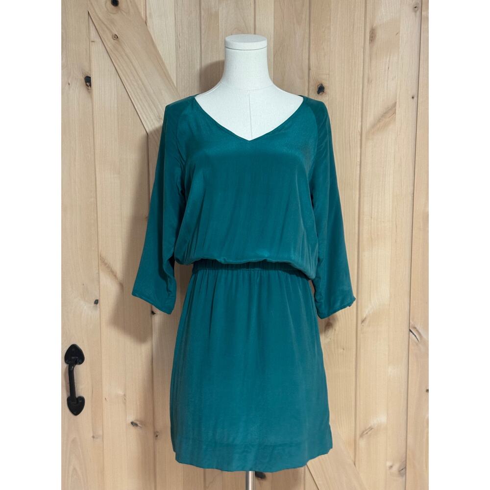 Garnet Hill | Teal 100% Silk Elastic Waist V Neck 3/4 Sleeve Dress | Size 6